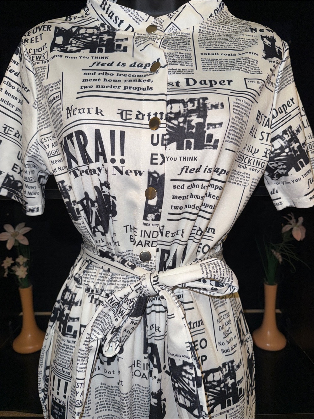 Newspaper Print Jumpsuit Dress in Black and White with belt and great stretch